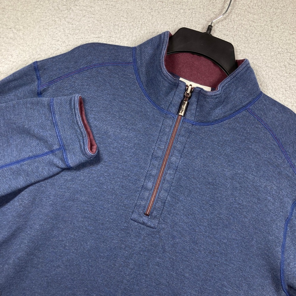 Tommy Bahama Reversible 1/4 Zip Pullover Men Large Blue Burgundy Sweatshirt FLAW